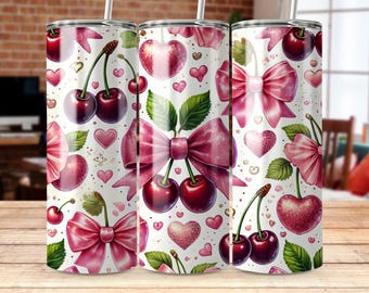 Tumbler Wrap con ciliegie e fiocchi rosa: design per San Valentino da 20 once (download digitale)