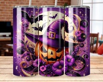 May include: A set of three purple Halloween-themed tumblers. Each tumbler features a design with a jack-o'-lantern wearing a witch's hat, bats, flowers, and a crescent moon. The design is in shades of purple, orange, and gold.