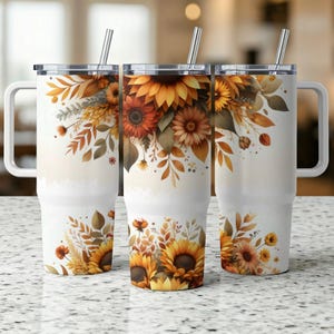 Sunflower Autumn Tumbler Wrap, 40oz Sublimation PNG, Fall Floral Digital Tumbler Wrap, Bright Flower Tumbler Design PNG