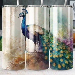 Watercolor Peacock Tumbler Wrap, Artistic Bird Illustration, Straight & Tapered Tumbler Wrap, 20oz Tumbler Wrap, Digital Download PNG