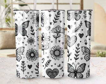 Envoltura para vaso con diseño de mariposas y flores PNG: Sublimación fina de 20 oz (descarga digital)