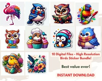 Colorful Birds Sticker Pack: Owl, Flamingo, Parrot (Digital Download)