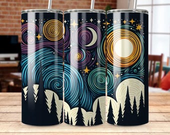Tumbler Wrap Foresta Notte Stellata: Stelle Vorticose PNG (Download Digitale)