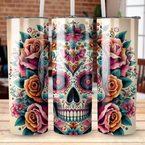 Gobelet coloré en forme de tête de mort en sucre, tasse florale le jour des morts, emballage de verre droit et fuselé, téléchargement numérique PNG, conception d'emballage de verre de 20 oz