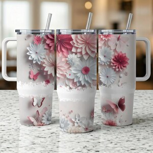 Floral Paper Art Pink White 40oz Tumbler Wrap, Digital Butterflies Tumbler Design, Pink White Floral Tumbler Sublimation, 40oz Tumbler Wrap