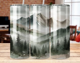 Mountain Forest Watercolor Tumbler Wrap: Misty Landscape (Digital Download)