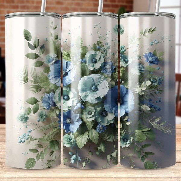 Blue Floral Tumbler, Botanical Travel Mug,Gift for Plant Lovers, 20oz Tumbler, Straight & Tapered Tumbler Wrap PNG, Digital Download PNG