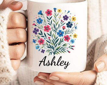 Personalisierte Blumennamentasse, individuelle Kaffeetasse, bunte Blumen