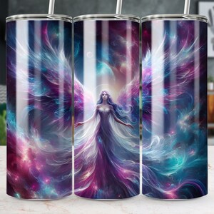May include: Three stainless steel tumblers with a colorful abstract design featuring a woman with wings and a galaxy background.