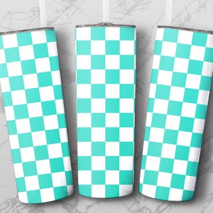 May include: Three stainless steel tumblers with a chequered pattern. The tumblers are white and turquoise.
