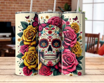 Floral Sugar Skull 20oz Tumbler Wrap, Day of the Dead PNG (Digital Download)
