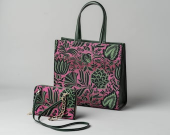 Bolsos de mujer hechos a mano con tejido jacquard Josef Hoffmann, verde oscuro, morado y negro, elegantes piezas únicas, cuero verde oscuro