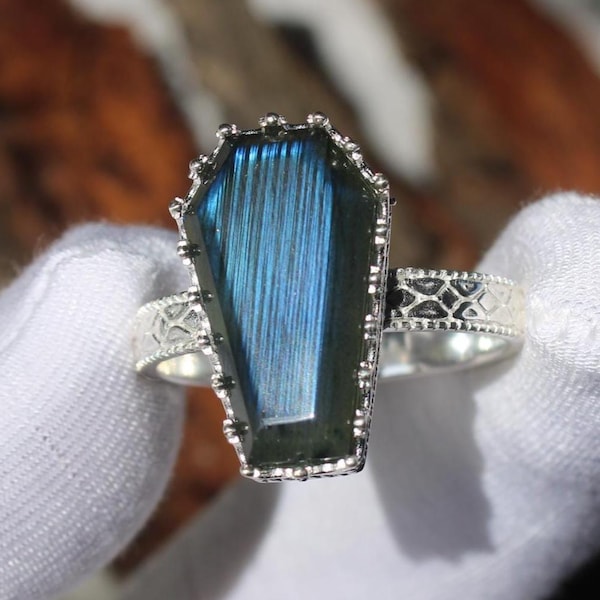 Coffin Black Labradorite Ring, Sterling Silver Gothic Statement Band, Vintage Retro Style