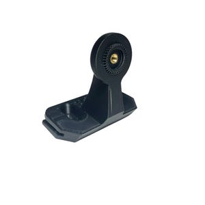 Op de afbeelding: Een zwarte, 3D-geprinte camerasteun met een cirkelvormige bovenkant en een rechthoekige basis. De bovenkant heeft een messingkleurige schroef. De steun is ontworpen om een camera of ander apparaat vast te houden. De steun is gemaakt van plastic.