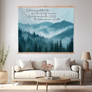 Christian Wall Tapestry, Christian Gift, Christian Decor, Bible Tapestry, Housewarming Gift, Mountain Tapestry, Psalm121:1-2
