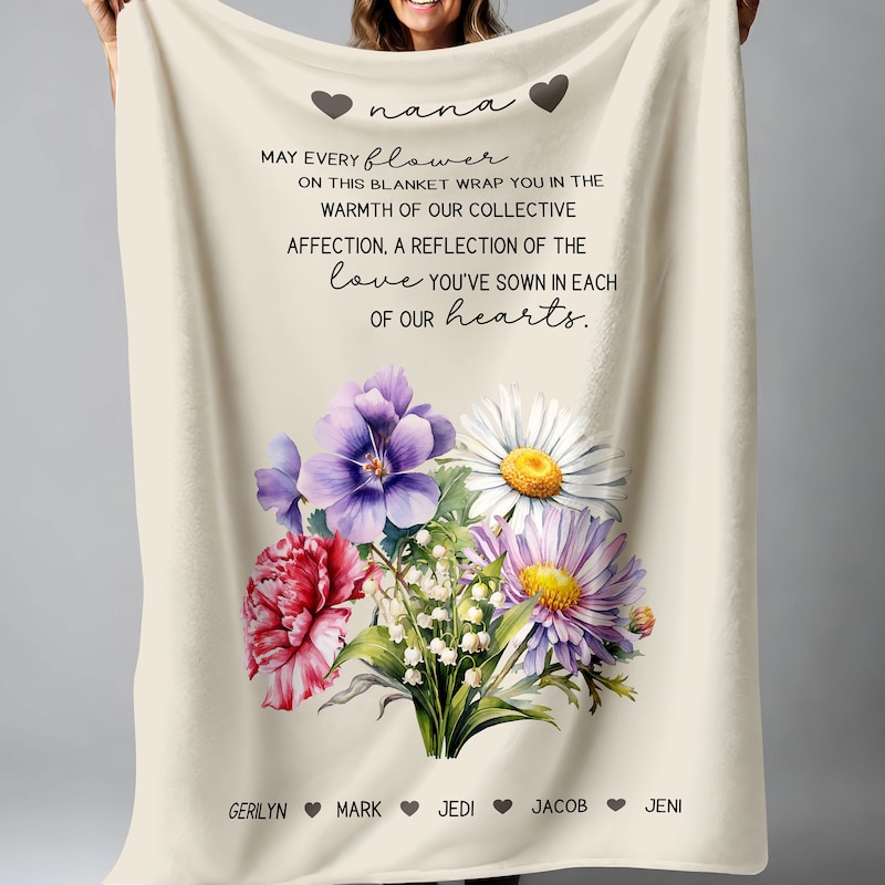 Grandma's Garden Blanket | Personalized Birth Flower Throw | Floral Blanket for Grandma or Mom