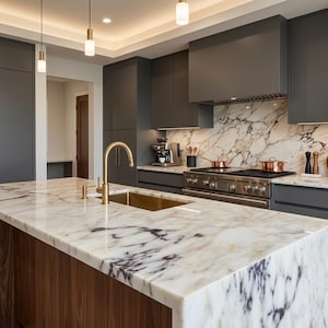 Pode incluir: Uma cozinha moderna com bancada em mármore e armários cinza escuro. A ilha da cozinha apresenta uma torneira e uma pia douradas. Um fogão de aço inoxidável e panelas de cobre são visíveis. O backsplash é de mármore.