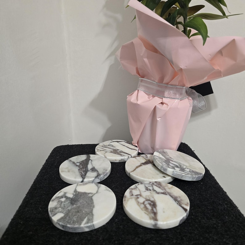 K&ouml;nnte beinhalten: Eine Sammlung von sechs runden Untersetzern aus Marmor mit grauer und wei&szlig;er Maserung. Die Untersetzer sind auf einer dunklen Oberfl&auml;che angeordnet, im Hintergrund eine Topfpflanze in rosa Papier verpackt.