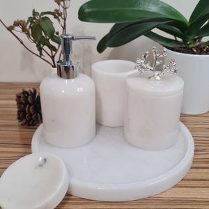 5 Pieces Pure White Luxury Marble Bathroom Set, Marble Bathroom Decor, Handmade Bathroom Set