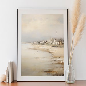 Vintage Neutral Beach Painting | Soft Coastal Landscape | Minimalist Coastal Print | Muted Neutral Oil Painting | Digital Download