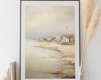 Vintage Neutral Beach Painting | Soft Coastal Landscape | Minimalist Coastal Print | Muted Neutral Oil Painting | Digital Download