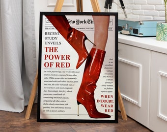 Tela stampabile per giornale con stivali rossi, copertina di una rivista con titoli di moda - Teoria del colore rosso - Stampa di moda retrò - Poster di notizie vintage di lusso