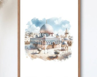 Modern Mosque Water Color Painting of Al Aqsa | printable minimalist pastel Art | Jerusalem Palestine | Dome of the Rock | Islamic Wall Art