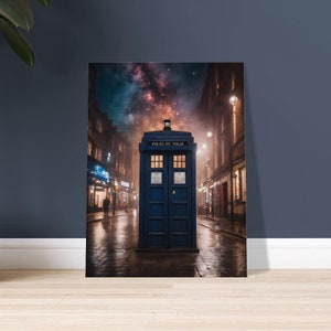 Police Phone Box Starry Night London Street Scene - Space, Time Travel, Sci-Fi, Fantasy Wall Art Canvas