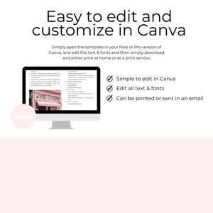 Peut inclure: Un &eacute;cran d'ordinateur affichant un b&acirc;timent rose avec un auvent blanc. Le texte &agrave; l'&eacute;cran indique "Facile &agrave; &eacute;diter et &agrave; personnaliser dans Canva. Ouvrez simplement le mod&egrave;le dans votre version gratuite ou Pro de Canva, modifiez le texte et les polices, puis t&eacute;l&eacute;chargez-le et imprimez-le &agrave; la maison ou chez un imprimeur." Sous le texte, trois coches avec le texte suivant : "Simple &agrave; &eacute;diter dans Canva", "Modifier tout le texte et les polices", et "Peut &ecirc;tre imprim&eacute; ou envoy&eacute; par e-mail".