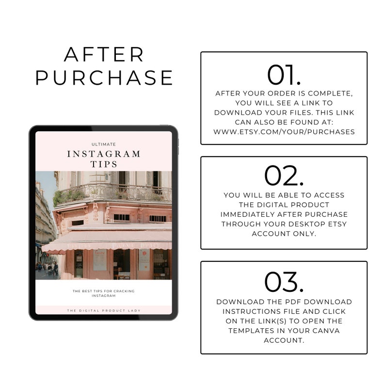 Peut inclure: Une liste de produits num&eacute;riques pour un guide de conseils Instagram. Le guide est intitul&eacute; "Ultimate Instagram Tips" et pr&eacute;sente une photo d'un b&acirc;timent rose avec un auvent blanc. Le texte sous l'image dit "The best tips for cracking Instagram." Le guide est disponible &agrave; l'achat sur Etsy.