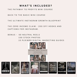 Peut inclure: Un bundle de cours de marketing num&eacute;rique avec une vari&eacute;t&eacute; de ressources, notamment un mini-cours, un plan de croissance et un bundle de bobines neutres. Le bundle comprend &eacute;galement 50 bobines neutres, 150 photos de stock et 15 guides de marketing num&eacute;rique PLR/MRR.