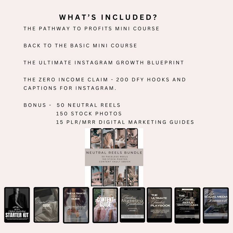 Peut inclure: Un bundle de cours de marketing num&eacute;rique avec une vari&eacute;t&eacute; de ressources, notamment un mini-cours, un plan de croissance et un bundle de bobines neutres. Le bundle comprend &eacute;galement 50 bobines neutres, 150 photos de stock et 15 guides de marketing num&eacute;rique PLR/MRR.