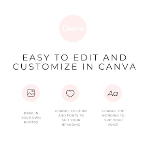 Peut inclure: Un graphique avec le texte "EASY TO EDIT AND CUSTOMIZE IN CANVA" en texte noir. Trois ic&ocirc;nes se trouvent sous le texte&nbsp;: une ic&ocirc;ne de photo, une ic&ocirc;ne de c&oelig;ur et une ic&ocirc;ne de lettre "Aa". Chaque ic&ocirc;ne est dans un cercle rose. Le texte sous chaque ic&ocirc;ne d&eacute;crit l&rsquo;ic&ocirc;ne&nbsp;: "DRAG IN YOUR OWN PHOTOS", "CHANGE COLOURS AND FONTS TO SUIT YOUR BRANDING", et "CHANGE THE WORDING TO SUIT YOUR VOICE".