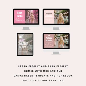 Peut inclure: Quatre &eacute;crans d'ordinateur affichant des titres et des images de cours de marketing num&eacute;rique. Les titres sont "Back to the Basics", "The Ultimate Instagram Growth Blueprint", "The Zero Income Claim", et "The Pathway to Profits Digital Marketing".