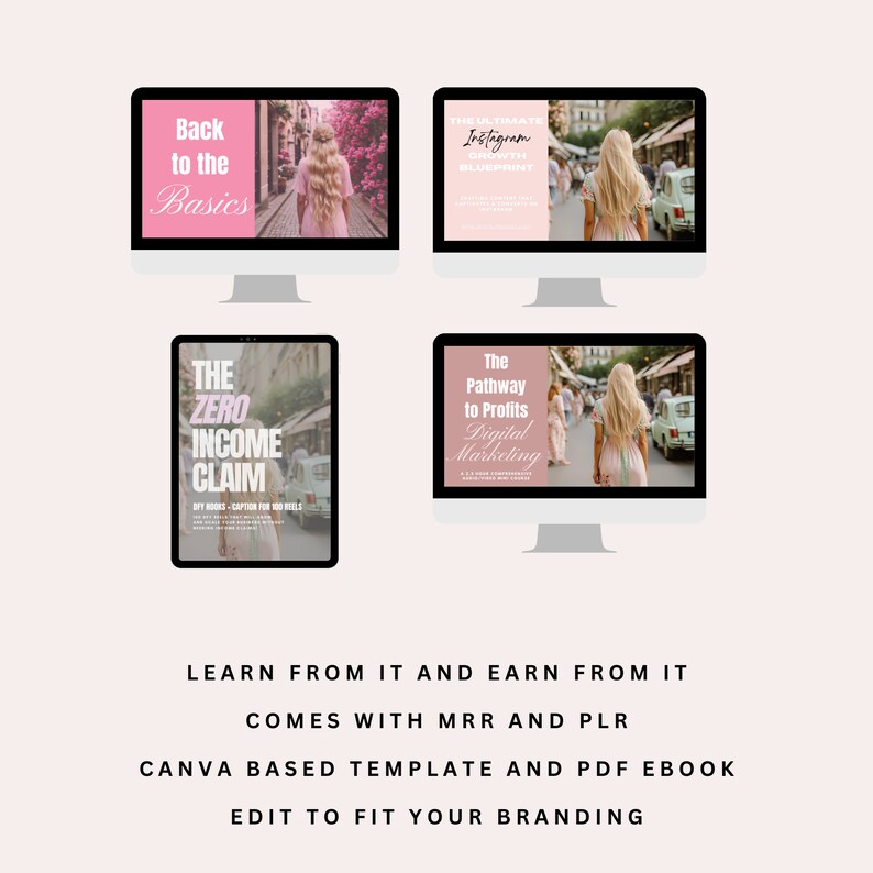 Peut inclure: Quatre &eacute;crans d'ordinateur affichant des titres et des images de cours de marketing num&eacute;rique. Les titres sont "Back to the Basics", "The Ultimate Instagram Growth Blueprint", "The Zero Income Claim", et "The Pathway to Profits Digital Marketing".