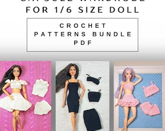 Lot de capsules pour garde-robe pour poupée – Modèle PDF au crochet 3 couleurs – Noir, rose et ivoire – Vêtements de poupée 1/6