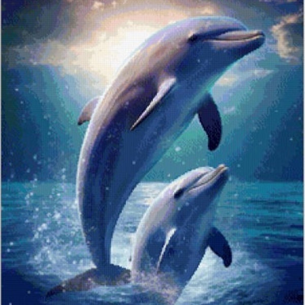 Two dolphins Cross stitch pattern digital PDF file 60 colors DMC color/black and white pattern