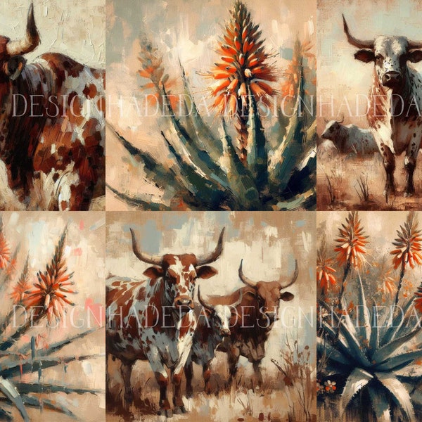 South African Nguni Cattle and Aloes Art Block Digital Designs for Sublimation and Digital Printing up to 1 metre x 1 metre.