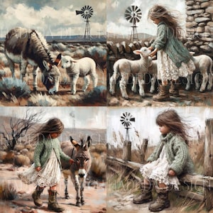 Karoo Donkey, Sheep and Girl Art Block Digital Designs for Sublimation, Canvas, Scrapbooking Paper, Journal, Mixed Media, Bible Journaling