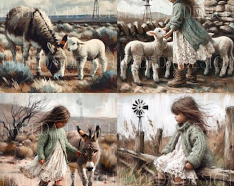 Karoo Donkey, Sheep and Girl Art Block Digital Designs for Sublimation, Canvas, Scrapbooking Paper, Journal, Mixed Media, Bible Journaling