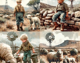 Karoo Boy en Sheep Art Block Digitale ontwerpen voor sublimatie, canvas, scrapbookingpapier, junk journal, mixed media, bijbeljournaling