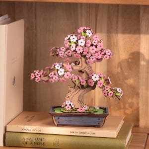 May include: A wooden model of a cherry blossom bonsai tree with pink and white flowers. The tree is in a brown pot with a green base and is sitting on a stack of books.