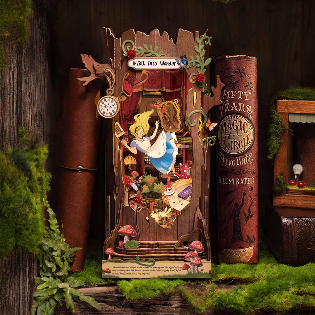 JOOHOUR Kit Fai-da-te Angolo Libri 'Alice Nel Paese Delle Meraviglie' – Miniatura In Legno 3D Per Casa Delle Bambole, Con Luci LED