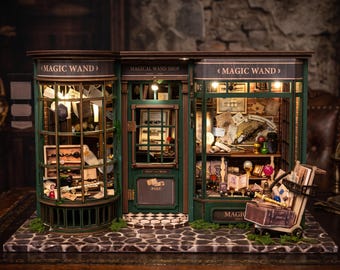 Negozio di bacchette magiche Collezione HP - Puzzle in legno 3D fai da te - Fermalibri decorativi per negozio di bacchette, decorazione per mensole, diorama magico
