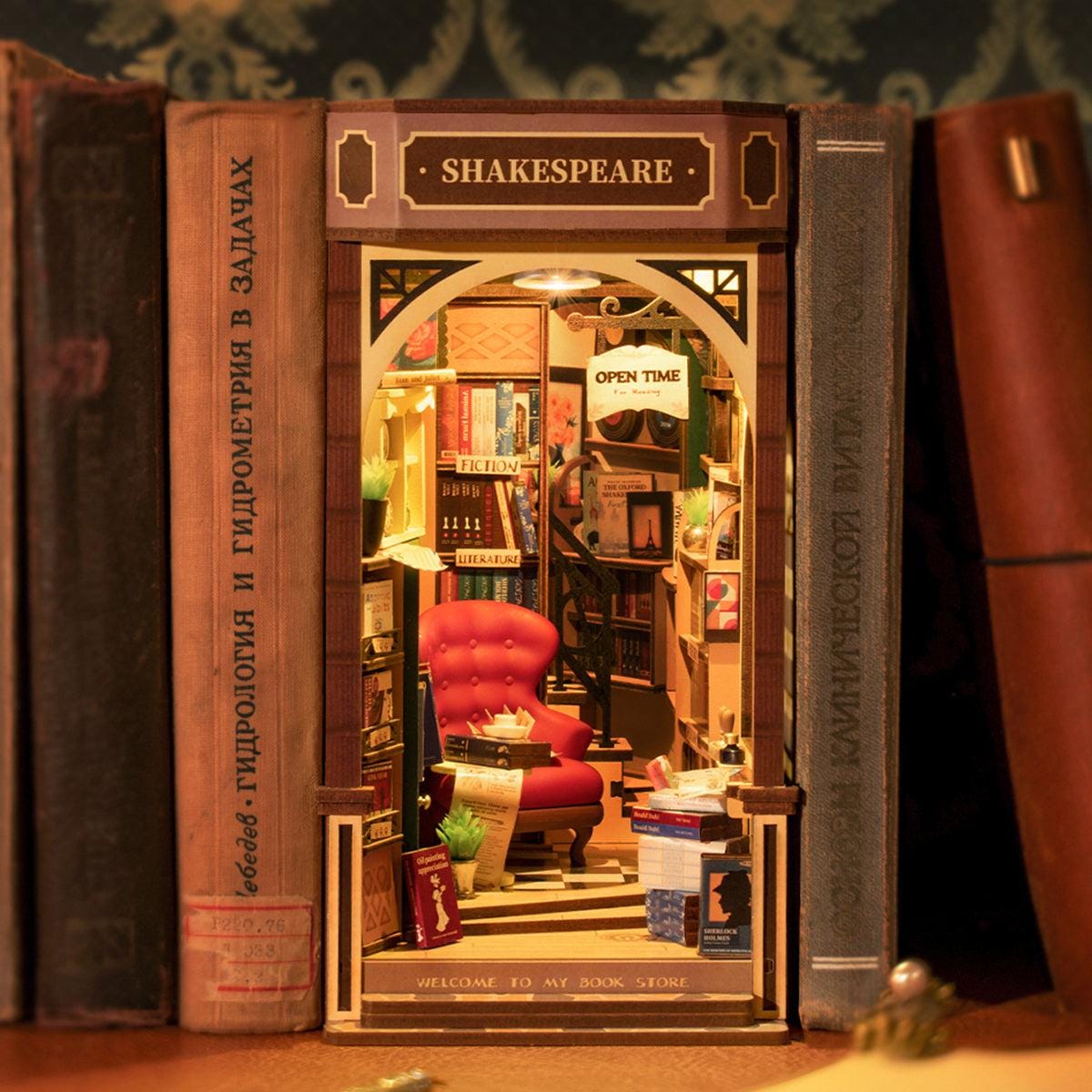 DIY 3D Wooden Book Nook Kit With Sensor Light - Library Theme Bookend & Shelf Insert Model For Adults & Teens
