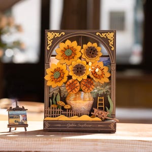 Golden Sunflower 3D Wooden Puzzle | DIY Flower Miniature Kit | Decorative Gift for Plant Lovers and Crafters