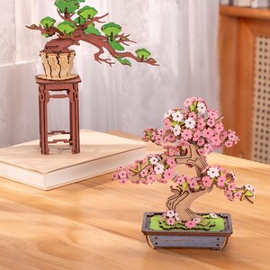 May include: Two wooden bonsai trees, one with green leaves and the other with pink flowers. Both trees are on wooden stands and are in pots.