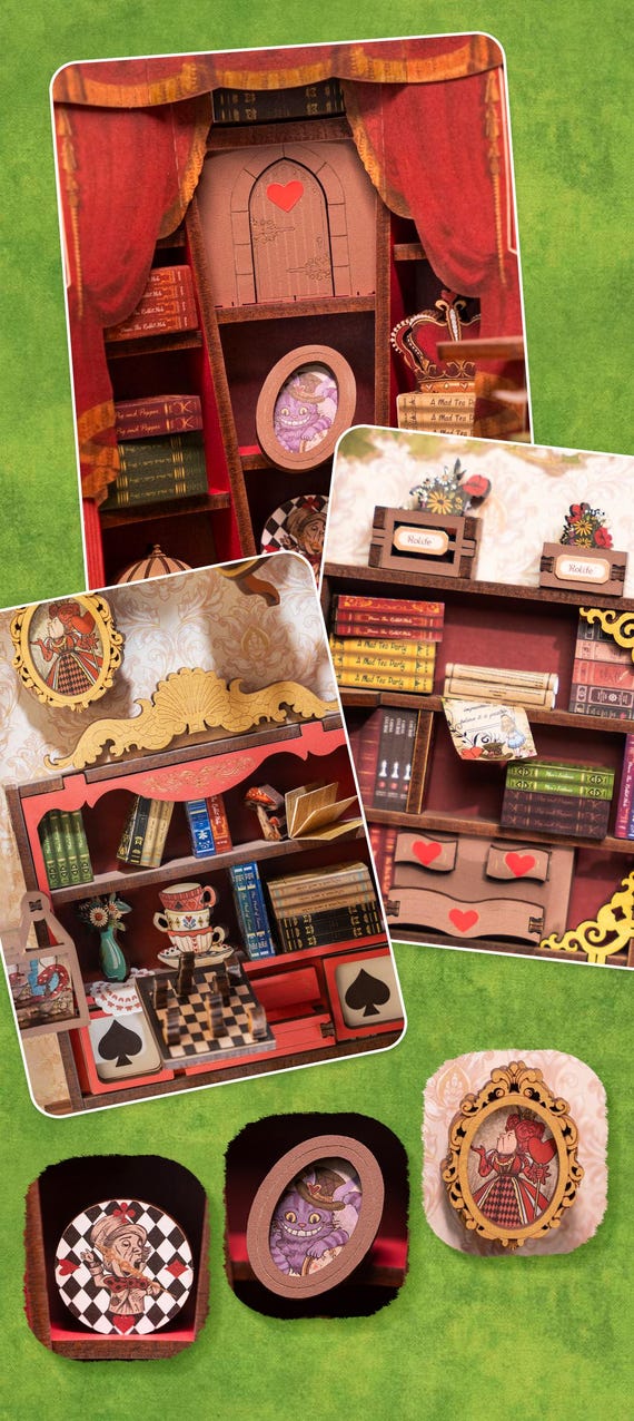 JOOHUR Angolo Libri Fai-da-te Alice Nel Paese Delle Meraviglie - Kit Libreria In Miniatura Con Luci LED, 238 Pezzi - 2