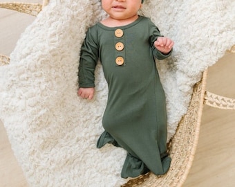 Bamboo Knotted Nightgown for Newborn to 6 months - Olive Green