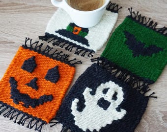 Set van 4 handgeweven halloween-onderzetters, halloween-tafeldecor, halloween-moktapijt, mok-tapijtonderzetter, set van 4 onderzetters, minicadeaus, minitapijten